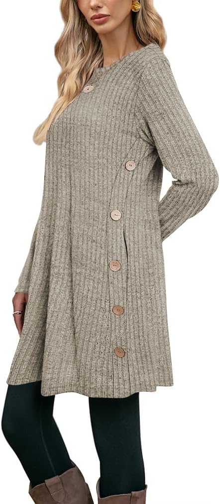 Poetsky Women Long Sleeve Tunic Tops to Wear with Leggings Side Buttons Long Shirts Rib Sweater Dress with Pockets S-3XL - Image 3