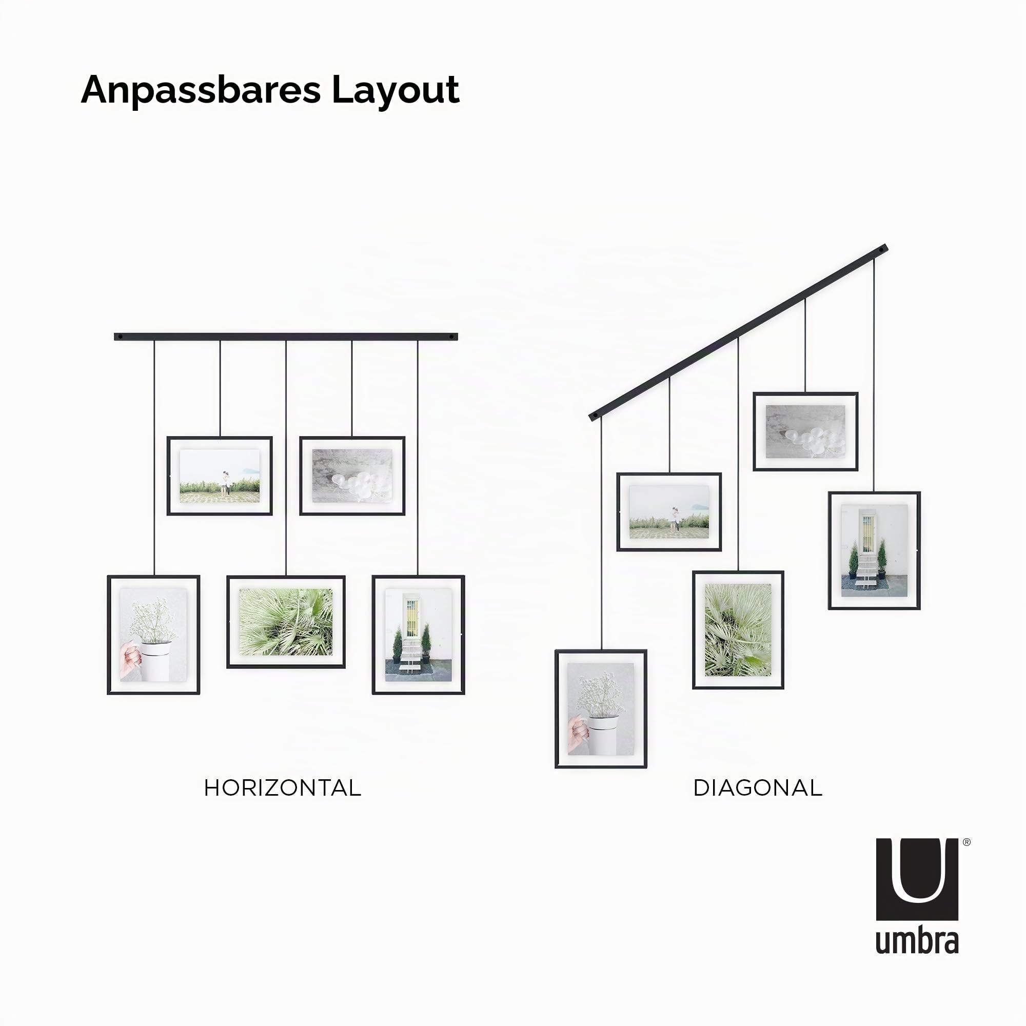 Umbra Exhibit Foto Collage Bilderrahmen – Flexibles Bilderrahmen-Set zur Horizontalen und Diagonalen Anbringung, für 5 Photos, Kunstdrucke, Bilder, 10 x 15 und 13 x 18 cm, Schwarz, 5 Rahmen