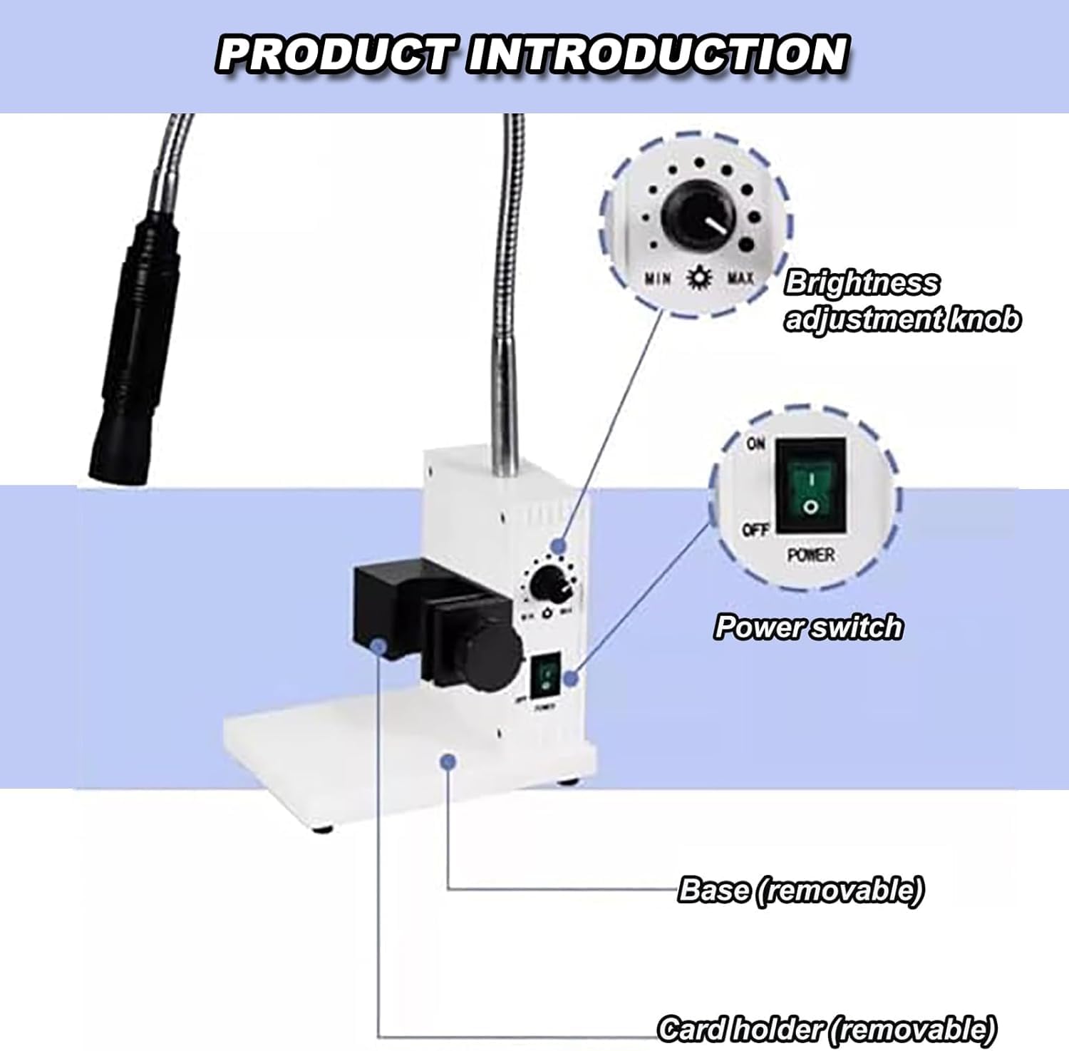 Iluminador de microscopio de fibra óptica con brillo ajustable, diseño de cuello de cisne y adaptadores de lente para inspección en miniatura de precisión