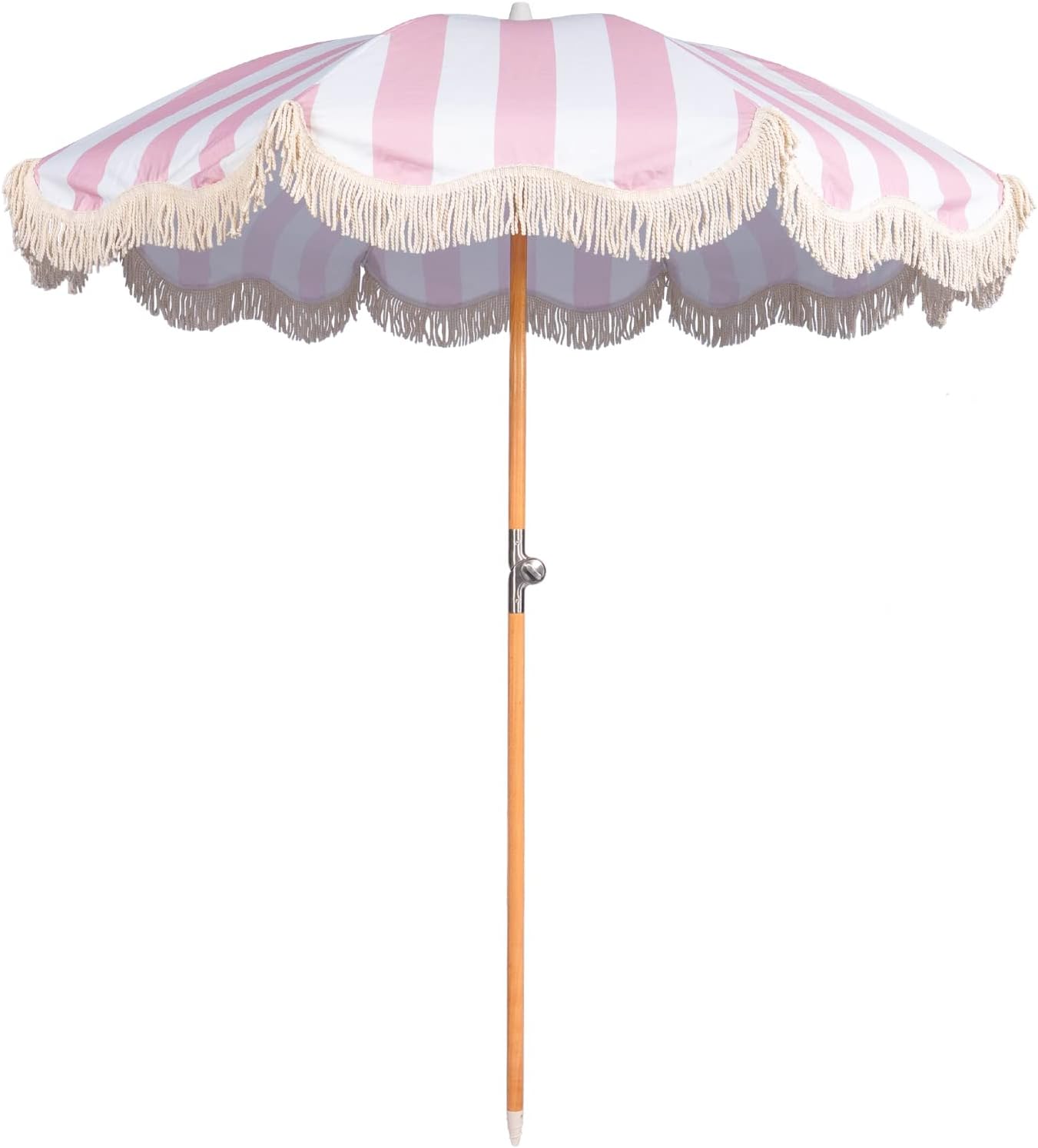 6.5ft Boho Beach Umbrella with Fringe, UPF 50+ Tassel Umbrellas with Carry Bag, Premium Wood Pole Foldable Patio Umbrella for Outdoor Holiday Garden Lawn Pool Yard Table