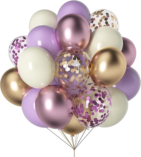 Globos morados y dorados 60 globos metálicos de lavanda y champán de 12 pulgadas con confeti para graduaciones, bodas, cumpleaños y celebraciones de