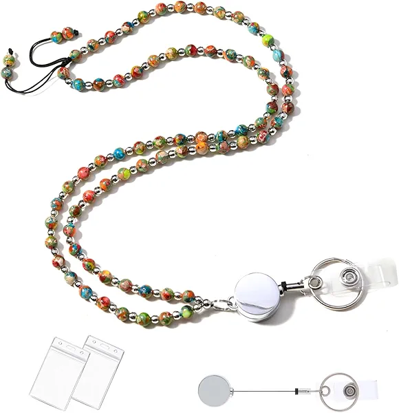 C&L Accessories Beaded Retractable Lanyards for ID Badges and Keys Natural Stone Teacher Badge Lanyard with Id Holders