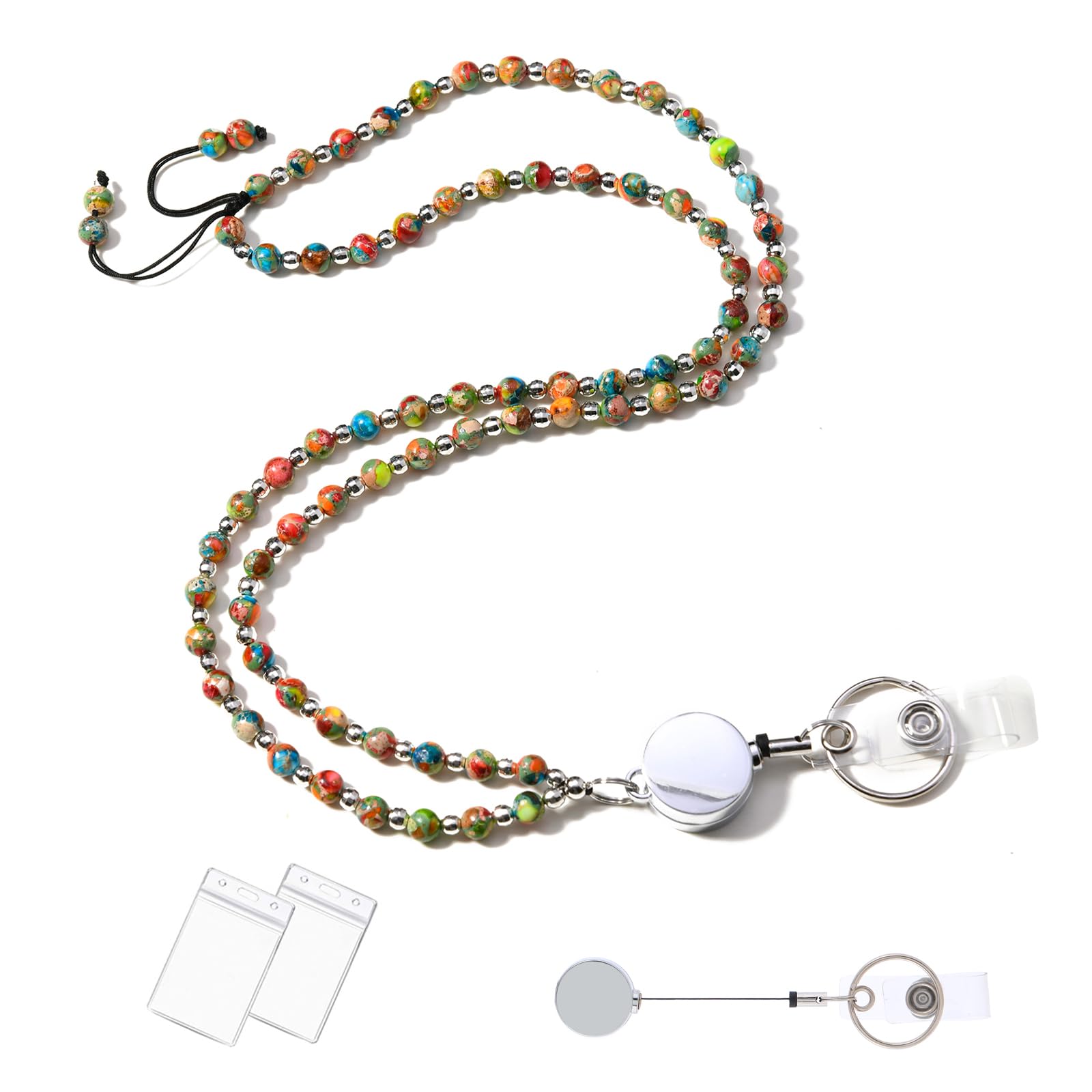C&L Accessories Beaded Retractable Lanyards for ID Badges and Keys Natural Stone Teacher Badge Lanyard with Id Holders