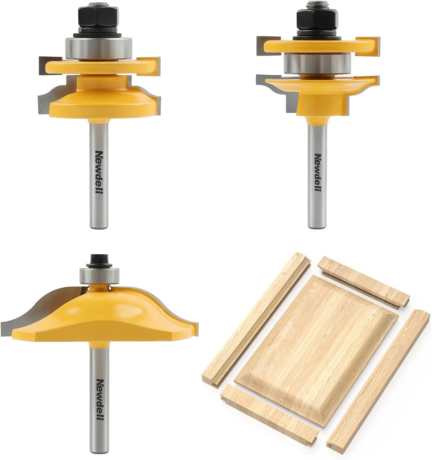Newdeli 3Pcs Raised Panel Router Bits 1/4" Shank Cabinet Door Router Bit Set (Tenon Cutter Diameter: 1-5/8") Ogee Rail and Stile Router Bits Tongue and Groove Router Bit Set Cabinet Making Tools