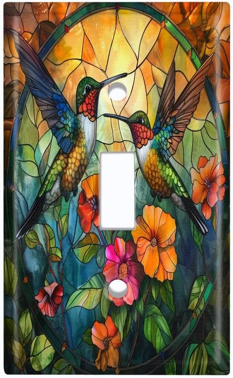 Metal Light Switch Plate Cover; Standard Size 4 Gang Toggle - Humming Birds with Flowers AML110