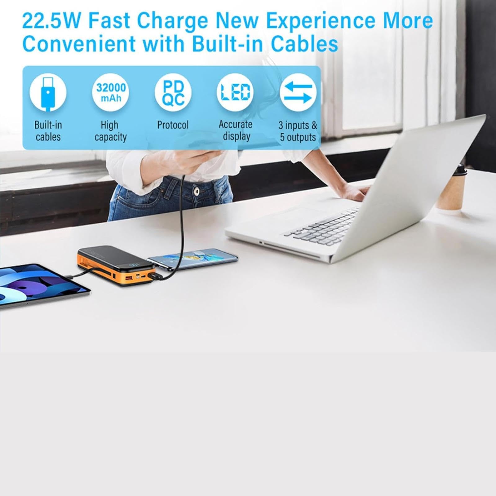 Powerbank Powerbank/32000mAh/50000mAh-PD Szybkie ładowanie Duża pojemność Mobilny powerbank współdzielony z kablem (50000mAh/czarny)