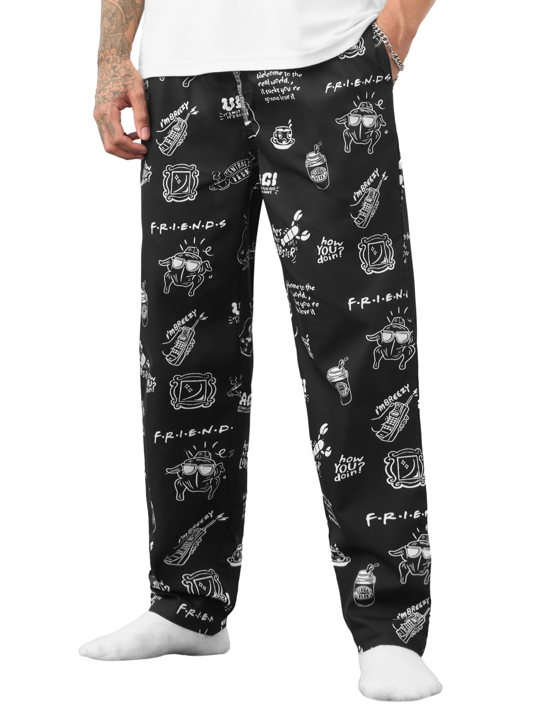 the souled store FRIENDS: Doodle Men and Boys Drawstring Waist Black All Over Printed Cotton Regular Fit Lightweight All-Season Lounge Pyjamas-picture-26