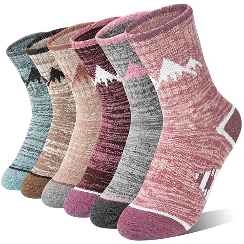 ANTSANG Kids Merino Wool Hiking Socks Boys Girls Toddlers Thermal Warm Winter Thick Cushion Snow Ski Crew Youth Socks 6 Pairs Gift Stocking Stuffers(Pink Brown Mix,8-12 Years)