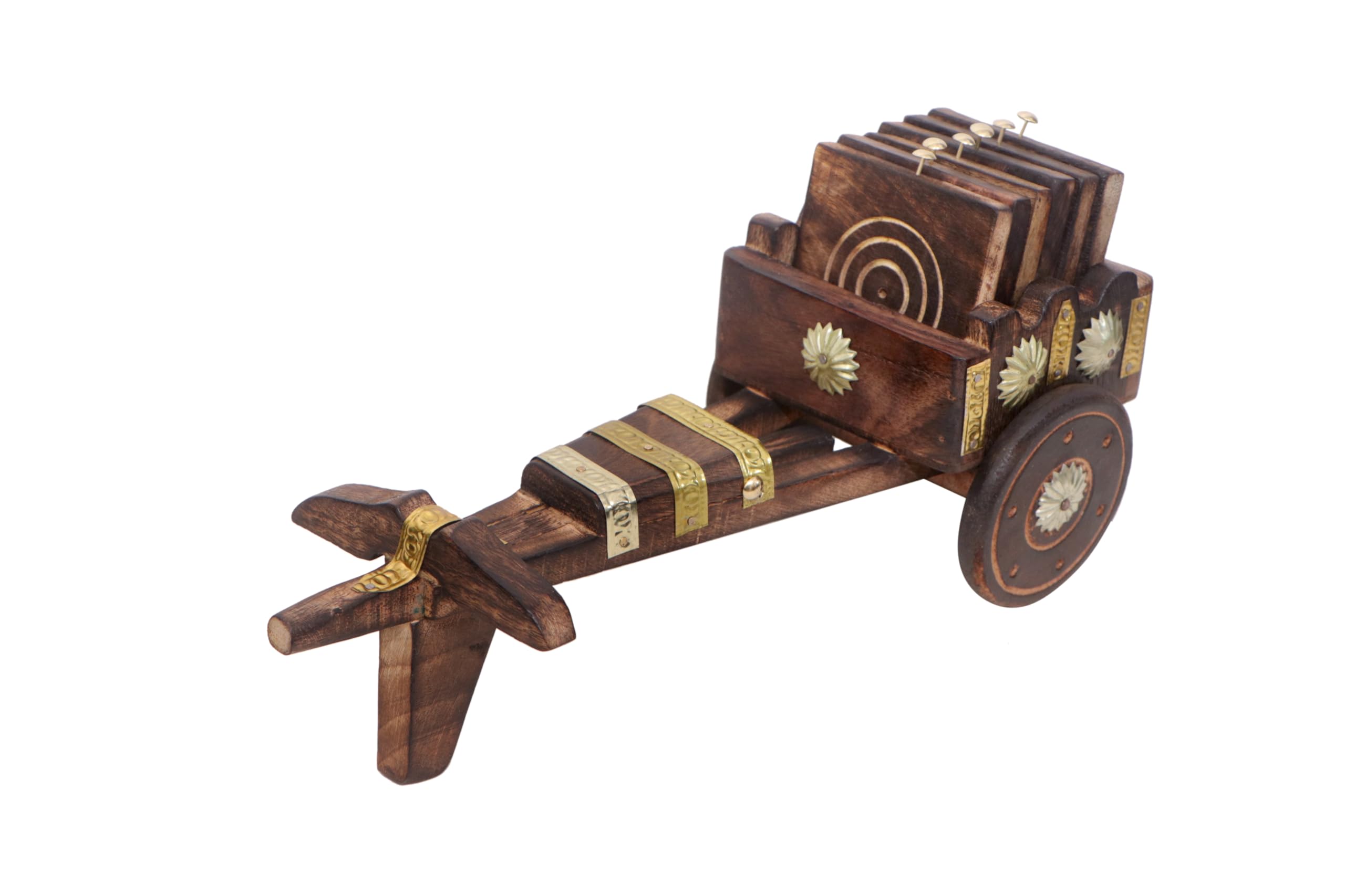 INUS Bullcart Design Coasters Set of 6 for Tea Cups Coffee Mugs Beer Cans and Water Glasses, Diwali Gift (Authentic Handmade) - Mango Wood