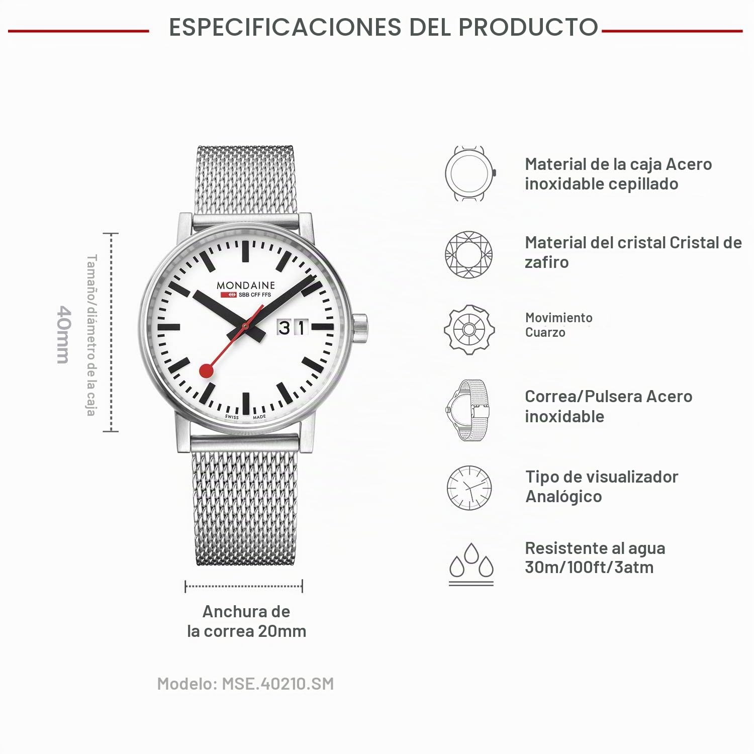 Mondaine Evo2 Reloj para Hombre Analógico de Cuarzo con Brazalete de Acero Inoxidable MSE.40210.SM