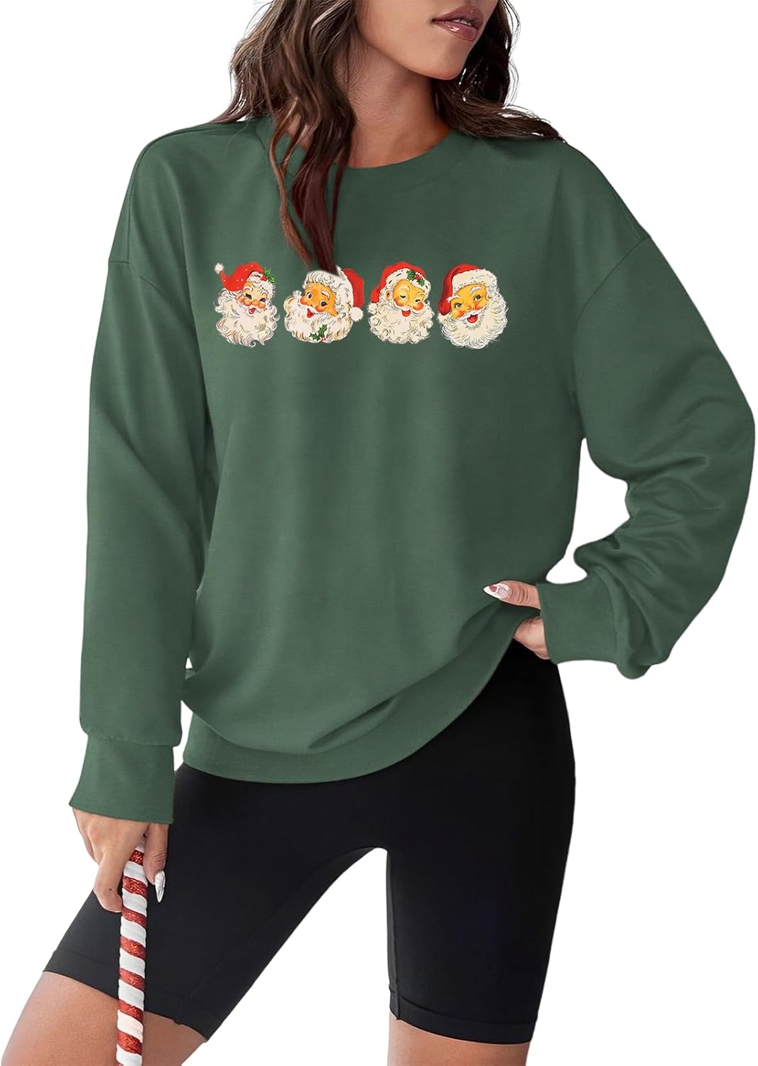 MODNTOGA Women Christmas Sweatshirt Vintage Santa Graphic Long Sleeve Crewneck Pullover Tops Retro Merry Christmas Outfit