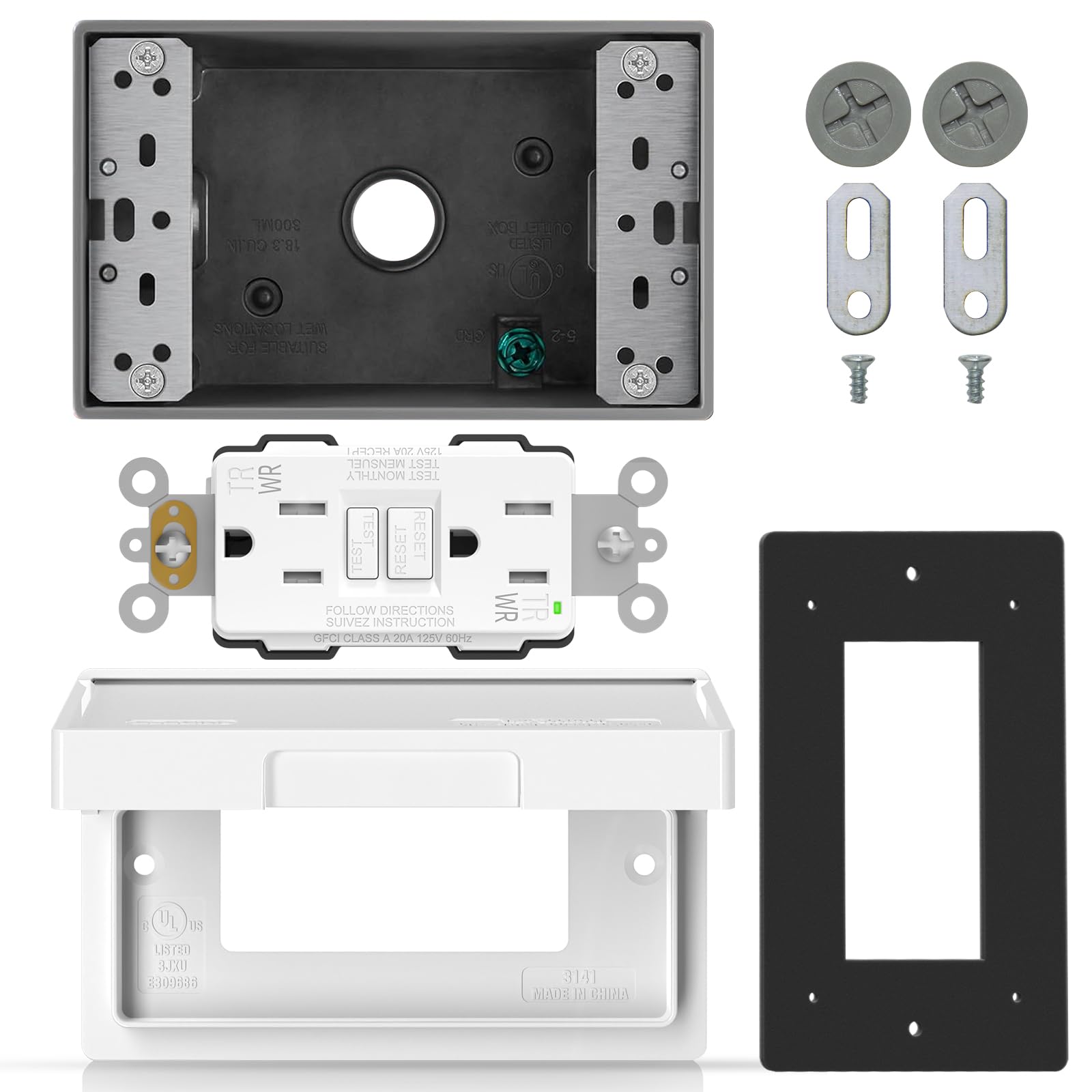 ELEGRP Outdoor GFCI Outlet Kit, with Weatherproof Cover and Box, 1 Gang, 15 Amp TRWR Self-Test GFI Receptacle, Horizontal Outdoor Cover, Extra Duty Metallic Electrical Outlet Box, UL Listed, 1 Pack