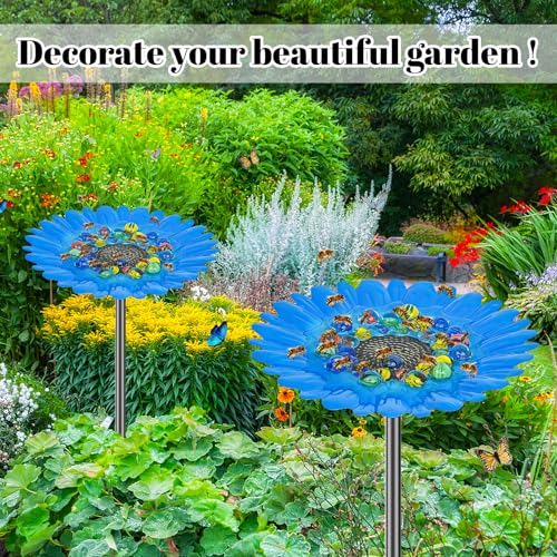 Bee Watering Station Bee Feeder, Metal Butterfly Water Feeder Cup with 30 Colorful Glass Marbles, Bee Waterer Cup for Bee Butterfly Bird Garden Outdoor Decors (Blue Chrysanthemum)