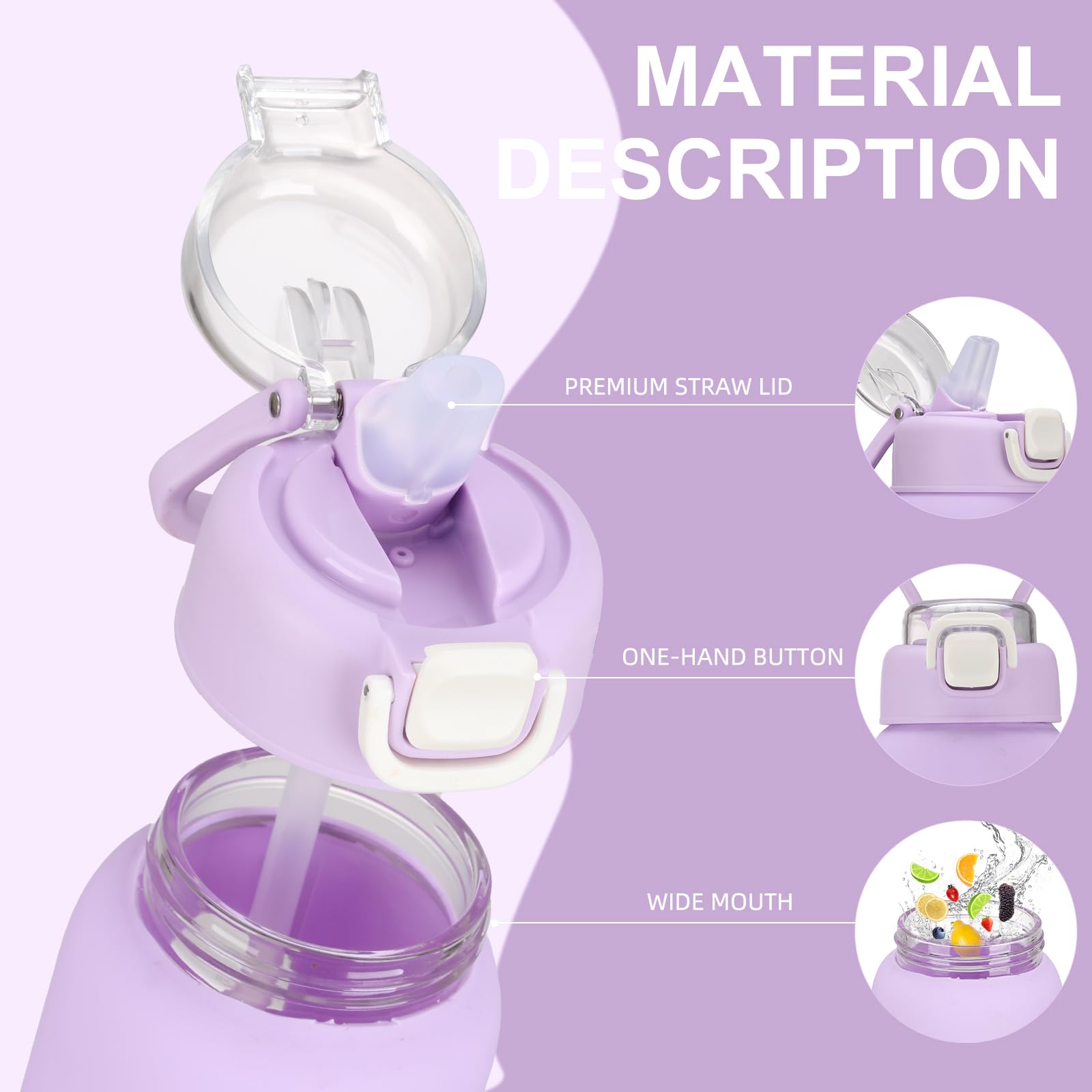 chunmo Bouteille d'eau en verre de 950 ml avec 2 couvercles, couvercle à bec verseur et couvercle à paille, bouteille d'eau motivante en borosilicate de 1 litre avec marqueur de temps et manchon en