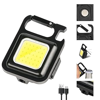 BM Ecom Traders Bm Ecom Keychain Led Light With Bottle Opener, Magnetic Base And Folding Bracket Mini Cob 1000 Lumens Rechargeable Emergency Light (Square With 4 Modes), 500 Lumen