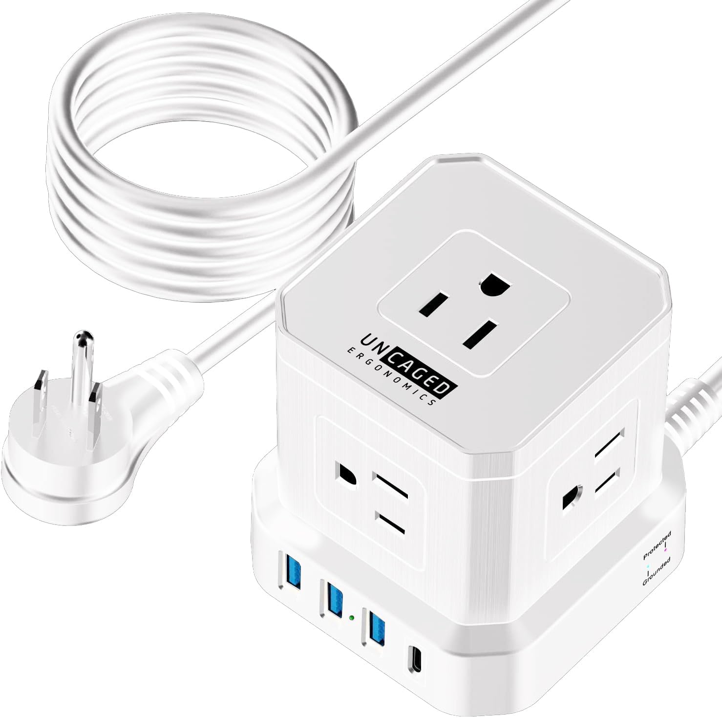 Uncaged Ergonomics Cube Power Strips w/Surge Protection, 10ft Extension Cord with Multiple Outlets, 5 AC Plugs, 3 USB (1C Port) Fast Charging Power Strip with USB Port, On/Off Switch Charging Station