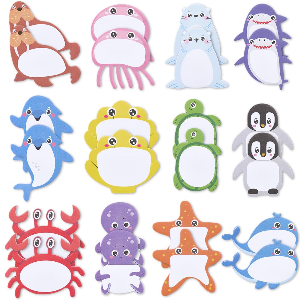 CRASPIRE 24Pcs Small Sea Animal Sticky Notes Cartoon Ocean Life Self Adhesive Kawaii Cute Notepads Writing Memo Pads Animal Page Marker for Office School Student Class Birthday Party Favors Goodies