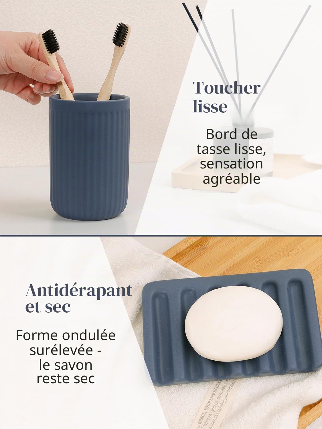 Lot de 4 accessoires de salle de bain en céramique - Bleu - Distributeur de savon de 350 ml - Gobelet à brosse à dents - Porte-savon et cotons-tiges - Accessoires de salle de bain