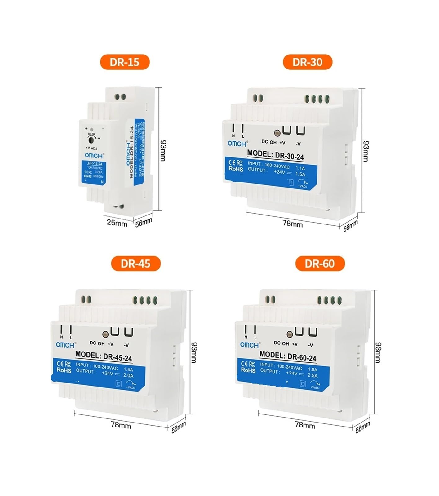 DR-15 DR-30/45/60W, transformator AC 110V/220V na DC 5V/12V/24V SMPS