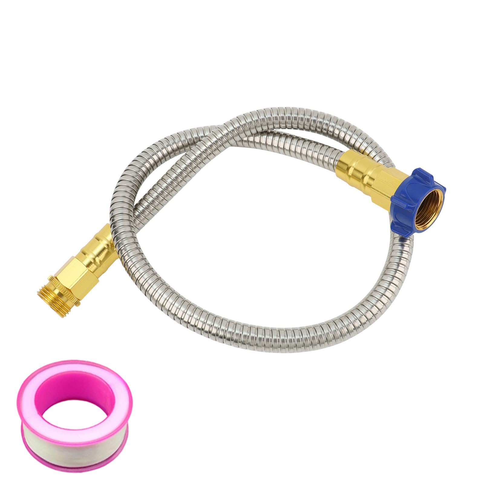 Irrigation extérieure avec raccord de tuyau en acier inoxydable et tuyau flexible.