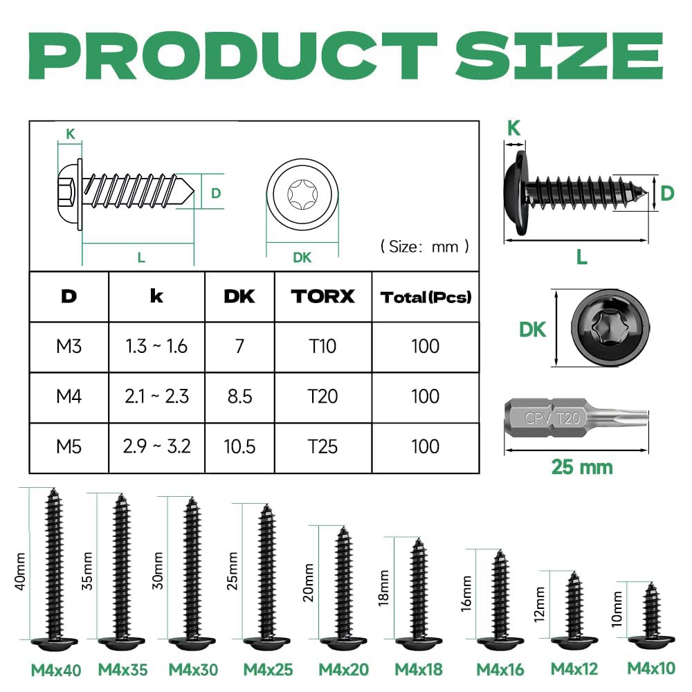 100 viti a testa piatta nere M4 x 10 mm, viti a testa bombata in legno, A2 V2A, viti per legno nere in acciaio inox, viti nere per pannelli acustici, viti a testa piatta Torx