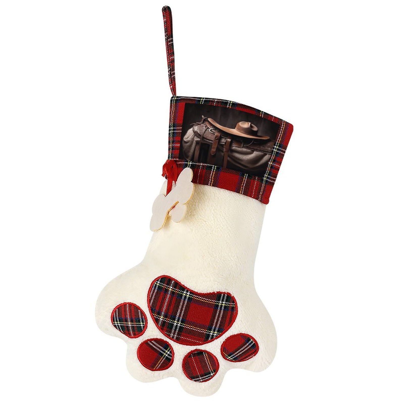 Horse Saddle with A Cowboy Hat Wild Dog Christmas Stocking,Custom Pet Paw Christmas Stockings Xmas Hanging Stockings Paw Shape Stocking for Xmas Tree Fireplace Hanging Christmas Party