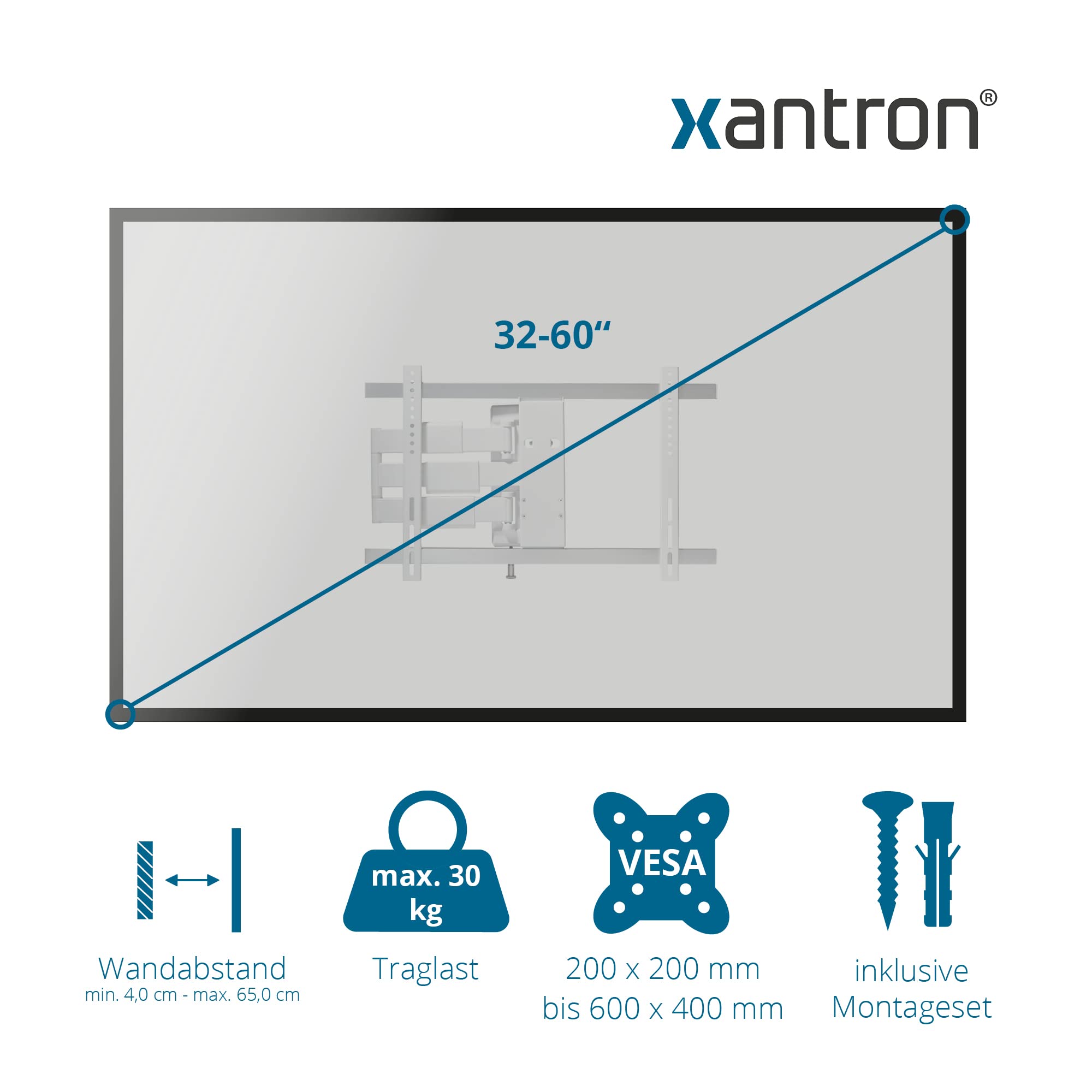 Xantron® SLIMLINE-A-466-W uchwyt ścienny do telewizora, wychylny, obrotowy, 32-60 cali, uchwyt do telewizora, biały/uchwyt ścienny do telewizora, płaski/wychylne ramię z płaską odległością od ściany, w zestawie materiał montażowy