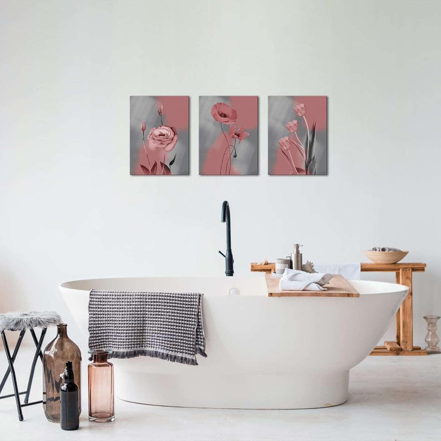 WELMECO Canvas Wall Art Decor Pink and Grey Flowers Prints Gallery Wrapped Ready to Hang Modern Home Office Living Room Bedroom Decoration