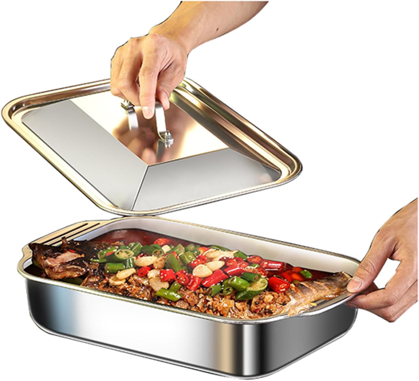 SvRite Stainless Steel Rectangular Roaster/Roasting Pan with Steel Cover - 37/41/45cm Baking Pans Deep Broiling Pan Service Tray for Cooking Ham, Chicken, Cake, Lasagna, Casserole (41cm)