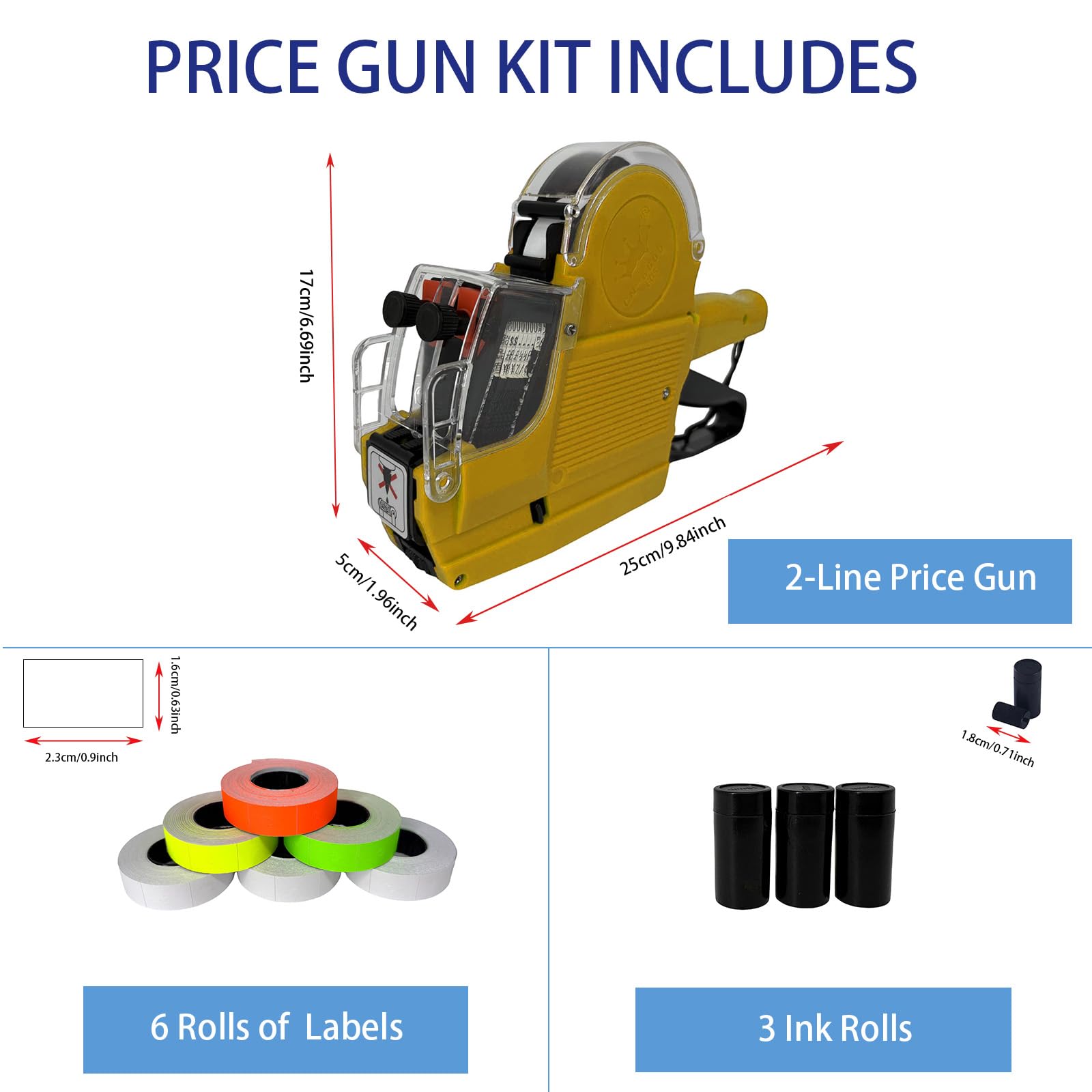 BIZXDEV 2 Line Price Gun, with 1200 White 400 Red 400 Yellow 400 Green Labels 3 Ink Rollers,1 Ink roll and Labels Pre-Loaded