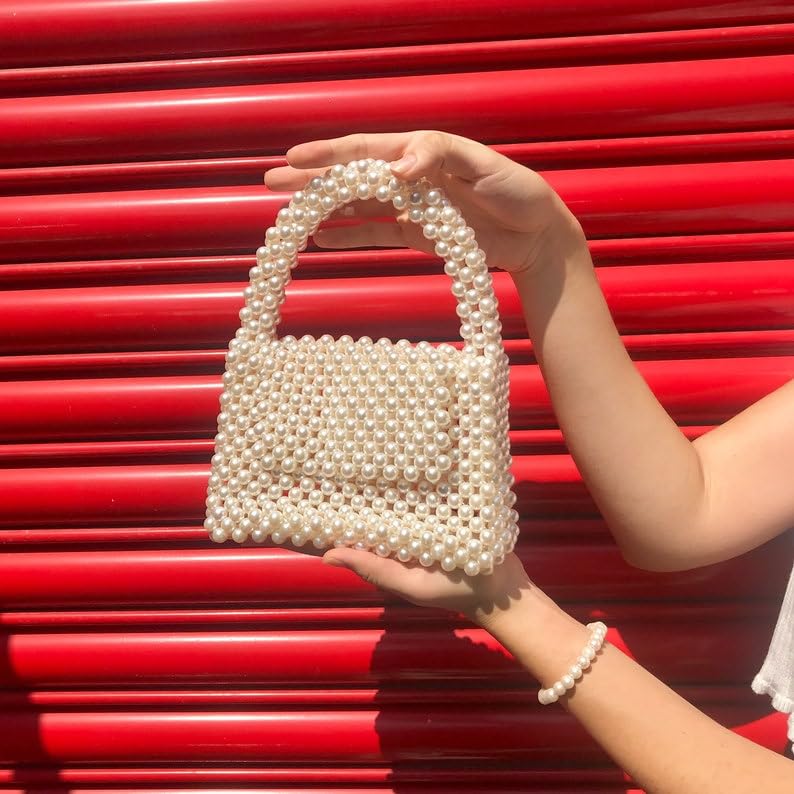 PR HAND WORKS Cute Pearl Square Evening Clutch Bag for Bridal Wedding Party Cocktail Purse for Women - Image 5