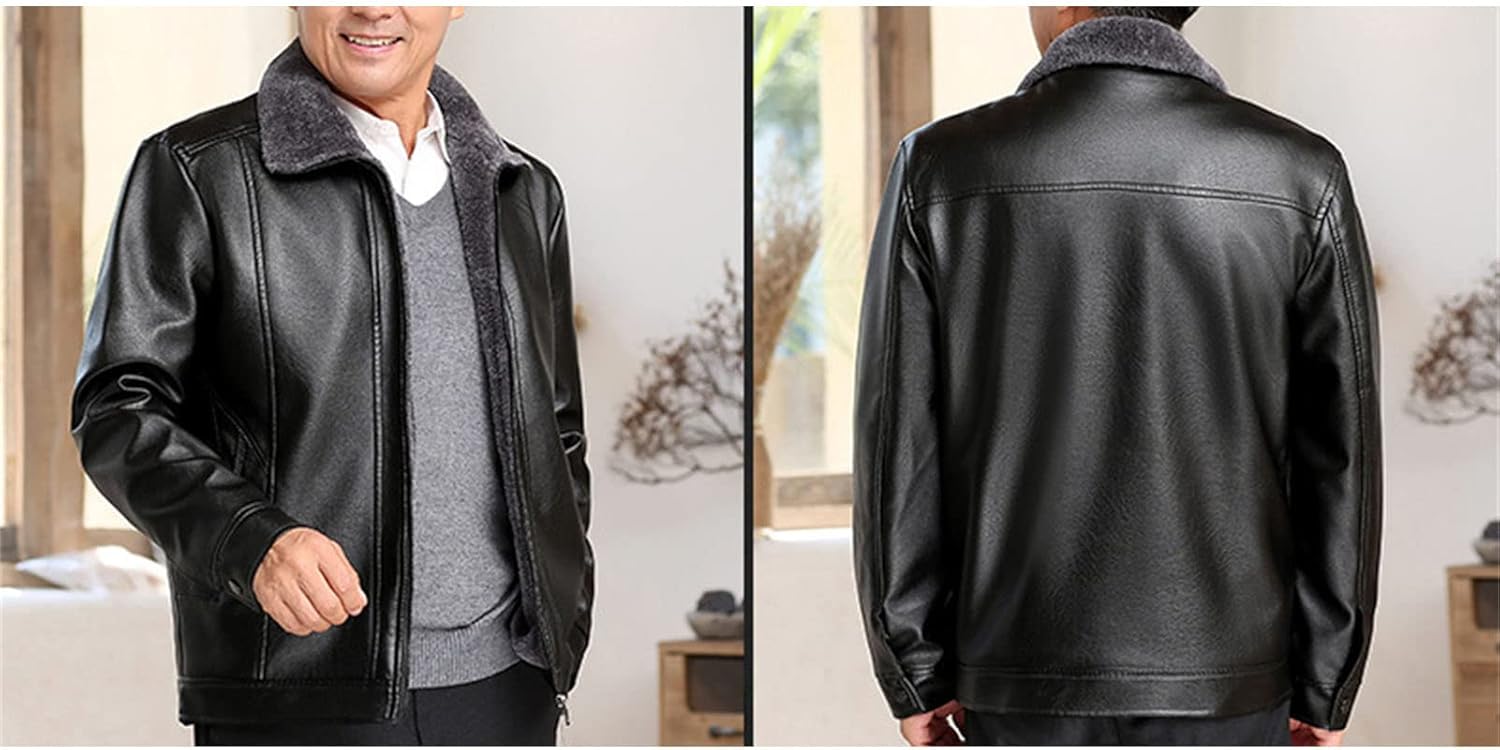 JEsilunmaMY Men's Fleece Lined Leather Jacket Zip Up Long Sleeve Warm Winter Cardigan Coats Casual Thicken Business Outwear
