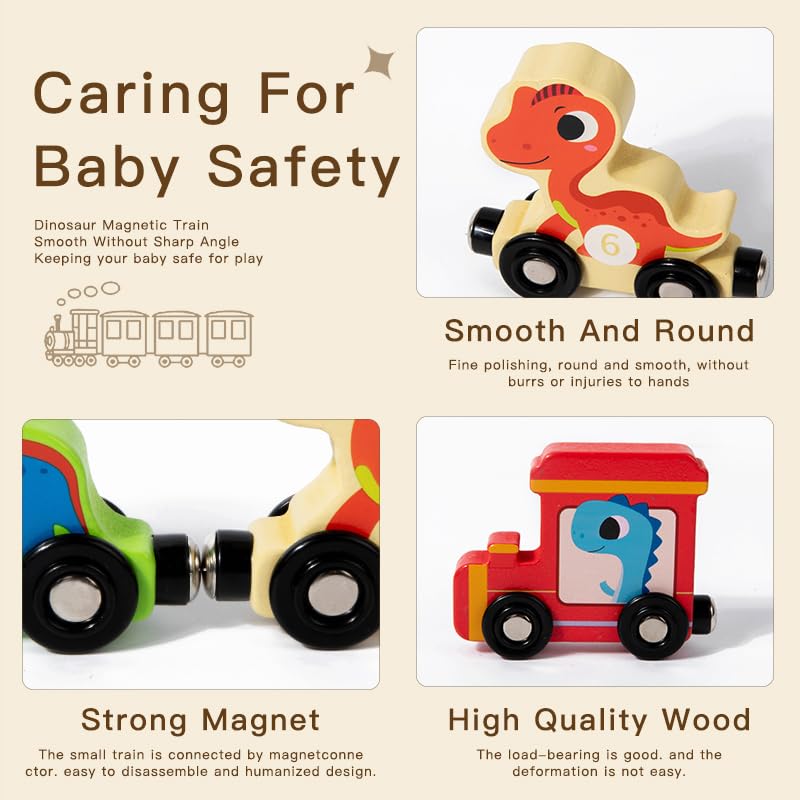 soehso Toddler Toys 11 Magnetic Wooden Train Set for Toddlers Dinosaur Train Montessori Toys for Toddlers, Preschool Learning & Fun and Activities for Kids