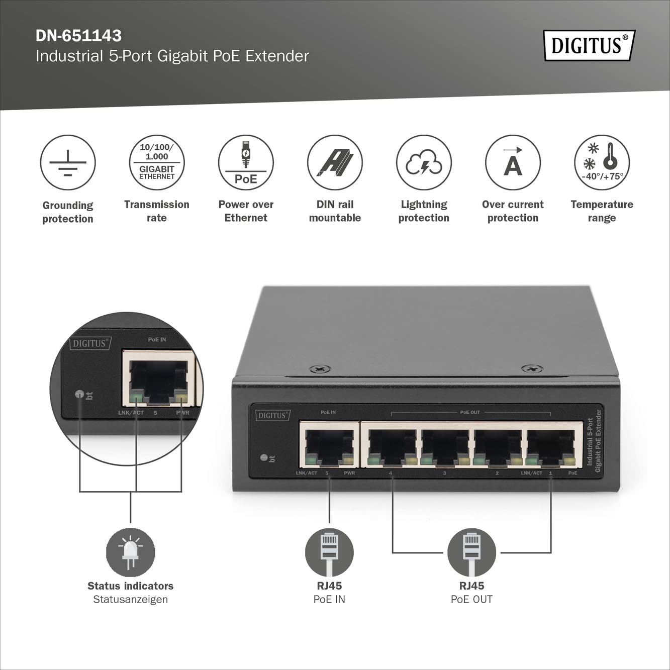 DIGITUS Extensor PoE Gigabit Industrial de 5 Puertos - 1 Puerto RJ45 de Entrada 802.3bt - 4 Salidas RJ45 PoE 802.3af/at - conectable en Cascada - 10/100/1000 Mbit/s - Negro