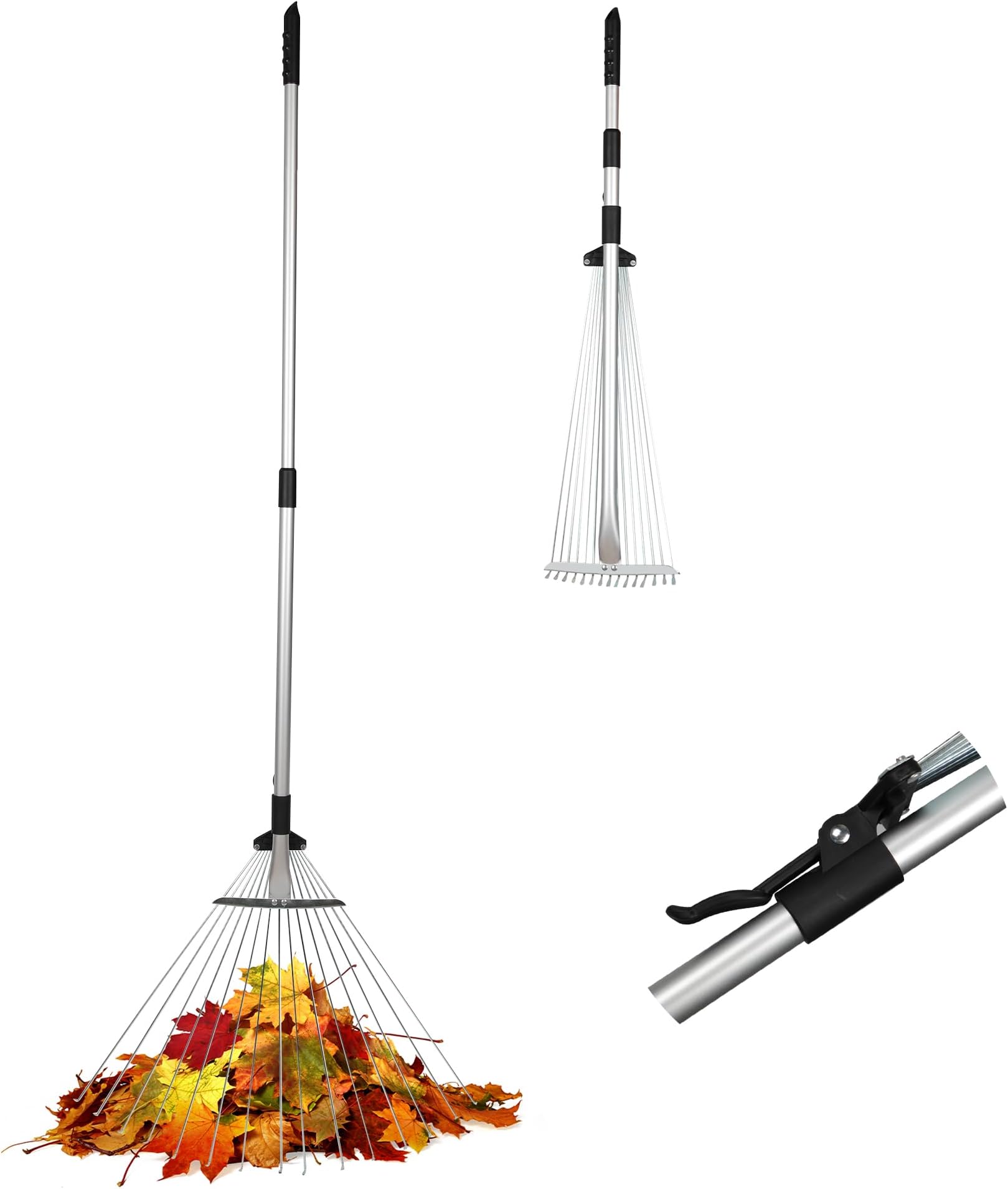 ORIENTOOLSTelescopic Garden Rake, 19-52 cm Adjustable Rake Head, 82-160 cm Telescopic Handle, Leaf Rake, Fan Rake with 15 Prongs, Leaf Rake with Handle for Cleaning Plants, Lawn and Yard