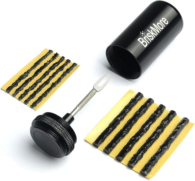 BriskMore Tubeless Bike Tire Repair Kit for MTB and Road Bicycle Tires,Fix a Puncture or Flat,Includes Storage Canister Plugger Tool and 40 Black Strips