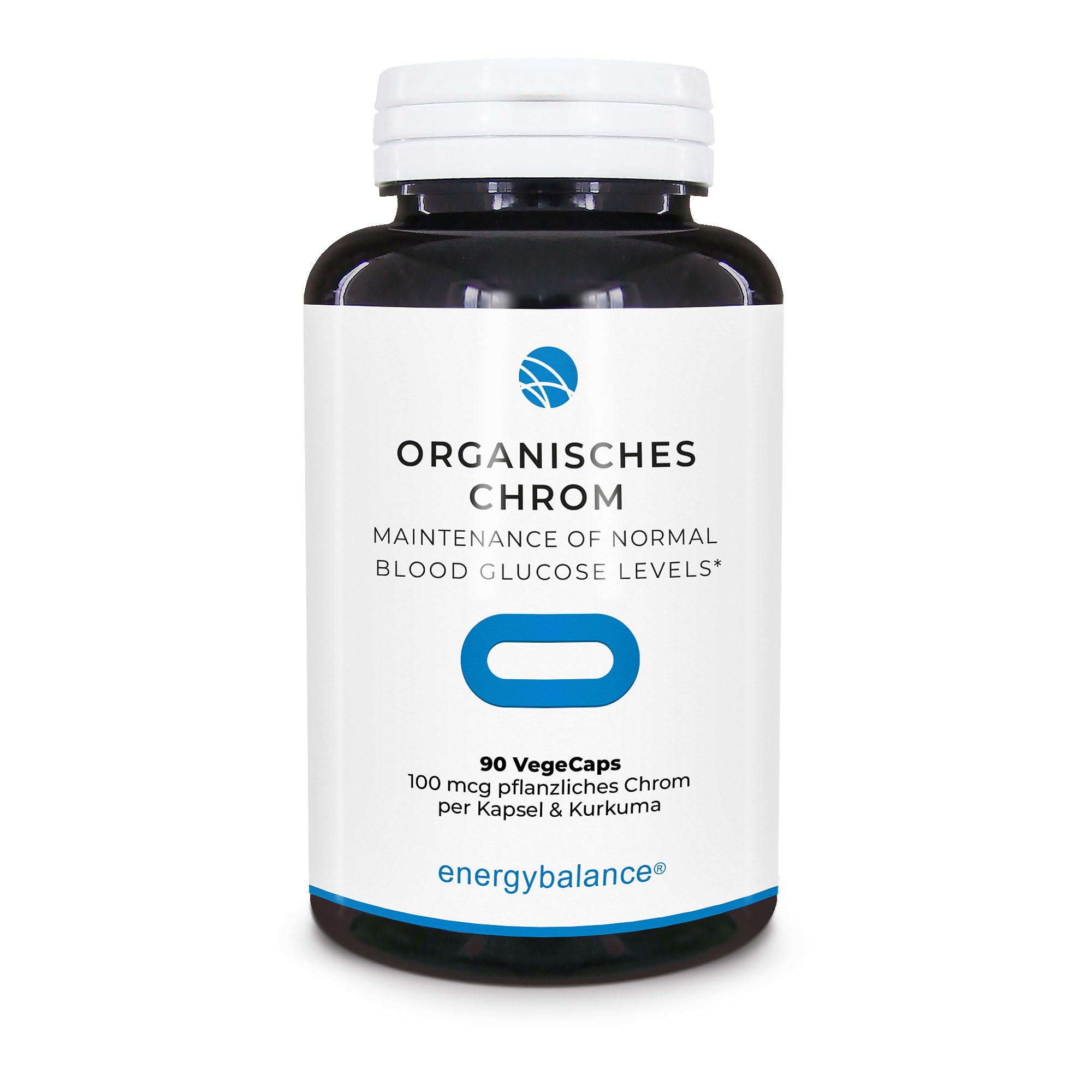 EnergyBalance Chrom Organisch Natural - Kapseln mit Chromhefe und Kurkuma - bei Histaminintoleranz, Blutzuckerspiegel - Vegan, ohne Zusätze - 90 VegeCaps à 100 µg