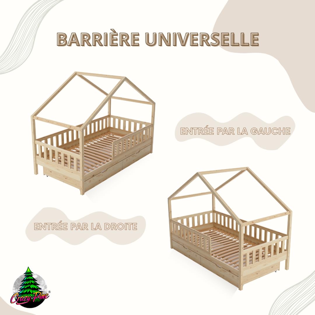 Lit Cabane avec Tiroirs 190x90 cm – Lit Enfant en Bois Naturel avec Barrière – Montessori au Sol avec Espace de Rangement Supplémentaire et Barrière Amovible - Crazy House