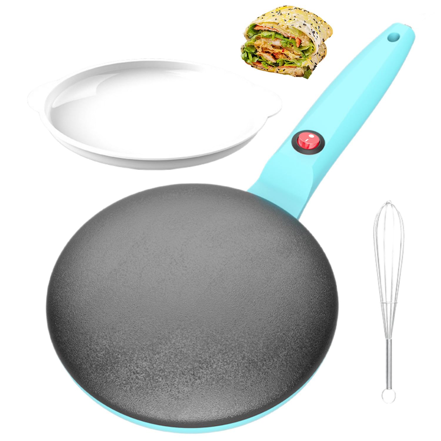 Crepe Maker elettrico, padella antiaderente da 20,3 cm con piastra per immersione e frusta per uova, riscaldamento rapido completamente automatico, controllo automatico della temperatura per crepes