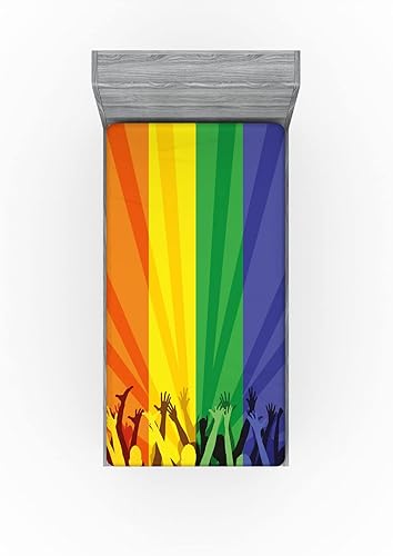Miniatura 3 de Ambesonne Pride Fitted Sheet, People Celebrating International Day for LGBT Community Colorful Striped Design, Bed Cover with All-Round Elastic Deep