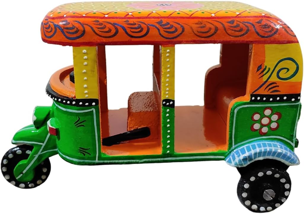 BoBo Handcrafted Push and Pull Wooden Auto Rickshaw Showpiece, Traditional Indian Design, Ideal for Collection, Gifting and Imaginative Play