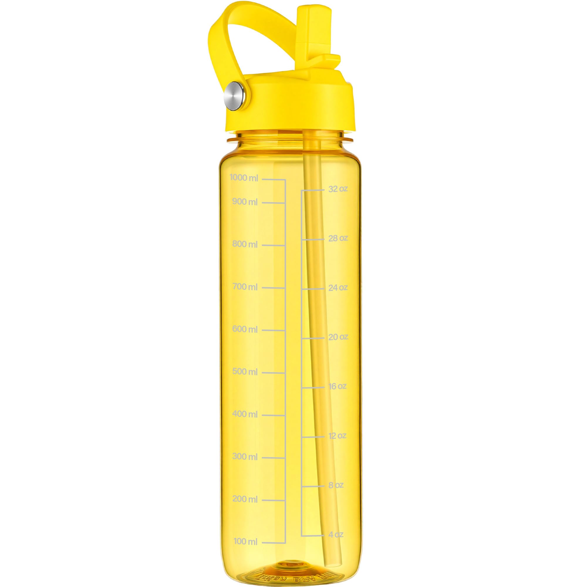 GOPPUS 1000ml/32oz Clear Water Bottle with Straw, Tritan Leakproof Sports Drinking Bottle, BPA Free Wide Mouth Gym Bottle with Handle and Measurement Marks for School, Gym, Travel (Yellow)