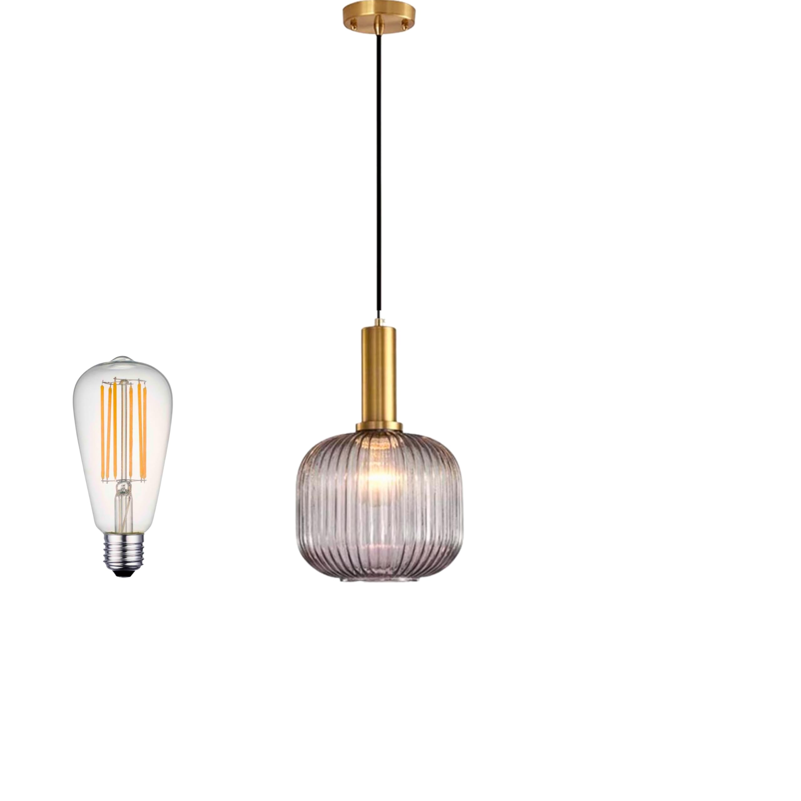 Mossodor Smokey Grey Modern Pendant Light Fixtures Strip Glass Lamp Shade Vintage - Include E27 Bulb - Hanging Lamp Ceiling For Kitchen Living Room (, Drum (20Cm)