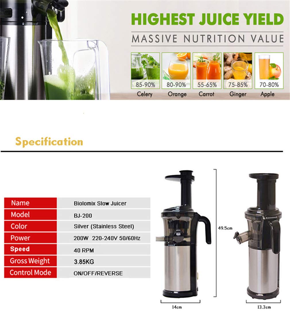 Licuadora Prensado En Frio, Licuadora para Verduras Y Frutas Licuadora Profesional Extractor De Zumos con Función Inversa Motor Silencioso Limpieza Fácil con Cepillo 200W 40RPM