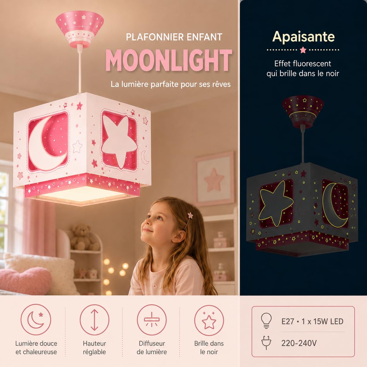 Dalber Lustre Chambre Lampe Suspension Plafonnier Pour Enfants, Moonlight lune et étoiles Rose, 63232MS, E27