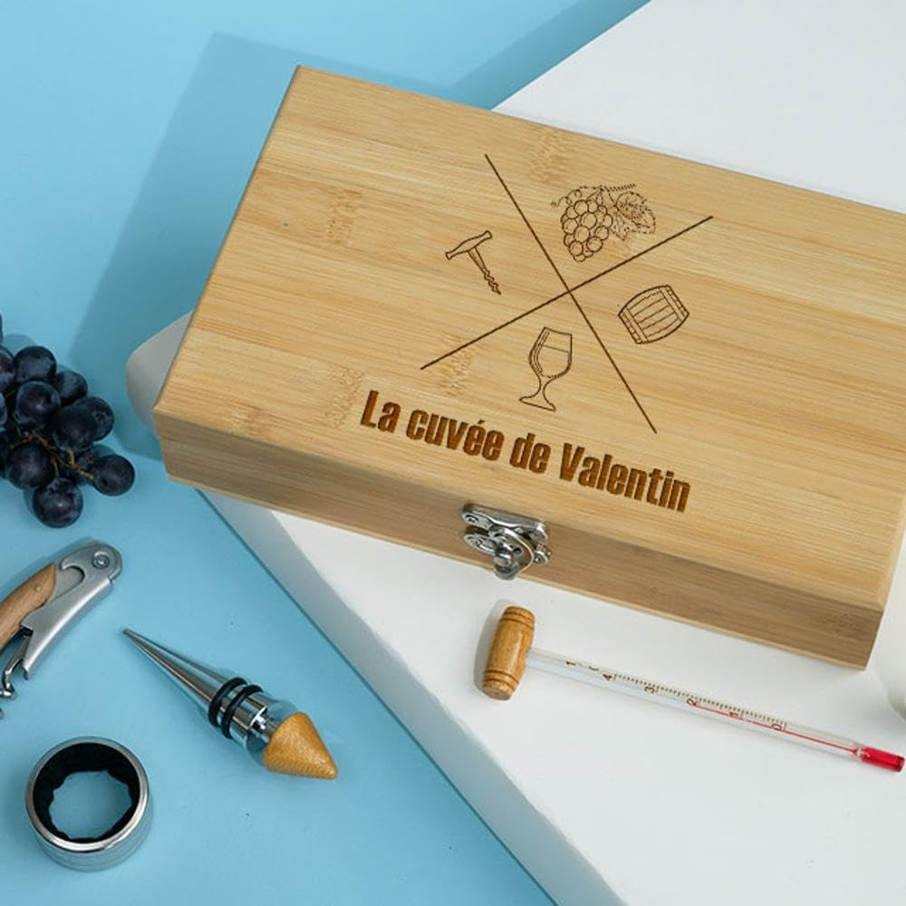 Coffret Sommelier Personnalisable - 5 Accessoires (tire-bouchon, Thermomètre, Bec, Stop-goutte, Bouchon) - Bambou - Cadeau Vin