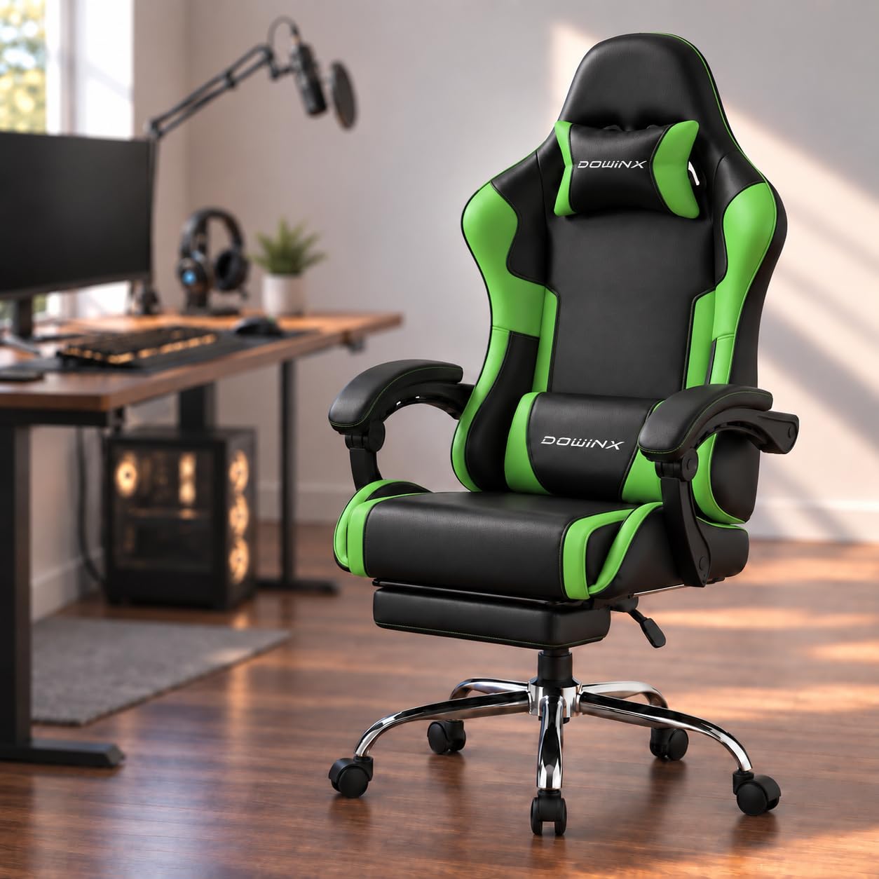 Dowinx Gaming Chair for Adults with Footrest, Durable Gaming Office Chair, Comfortable Padded Gamer Chair Reclining 150°, Heavy Duty Computer Chair 180kg, Green