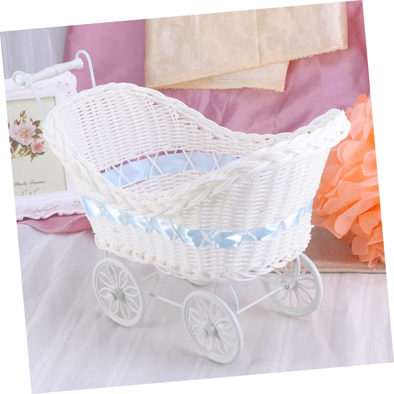 Blue Woven Cane Tricycle Flower Basket Decorative for Wedding Shower Party Birthday Home Decor Gift