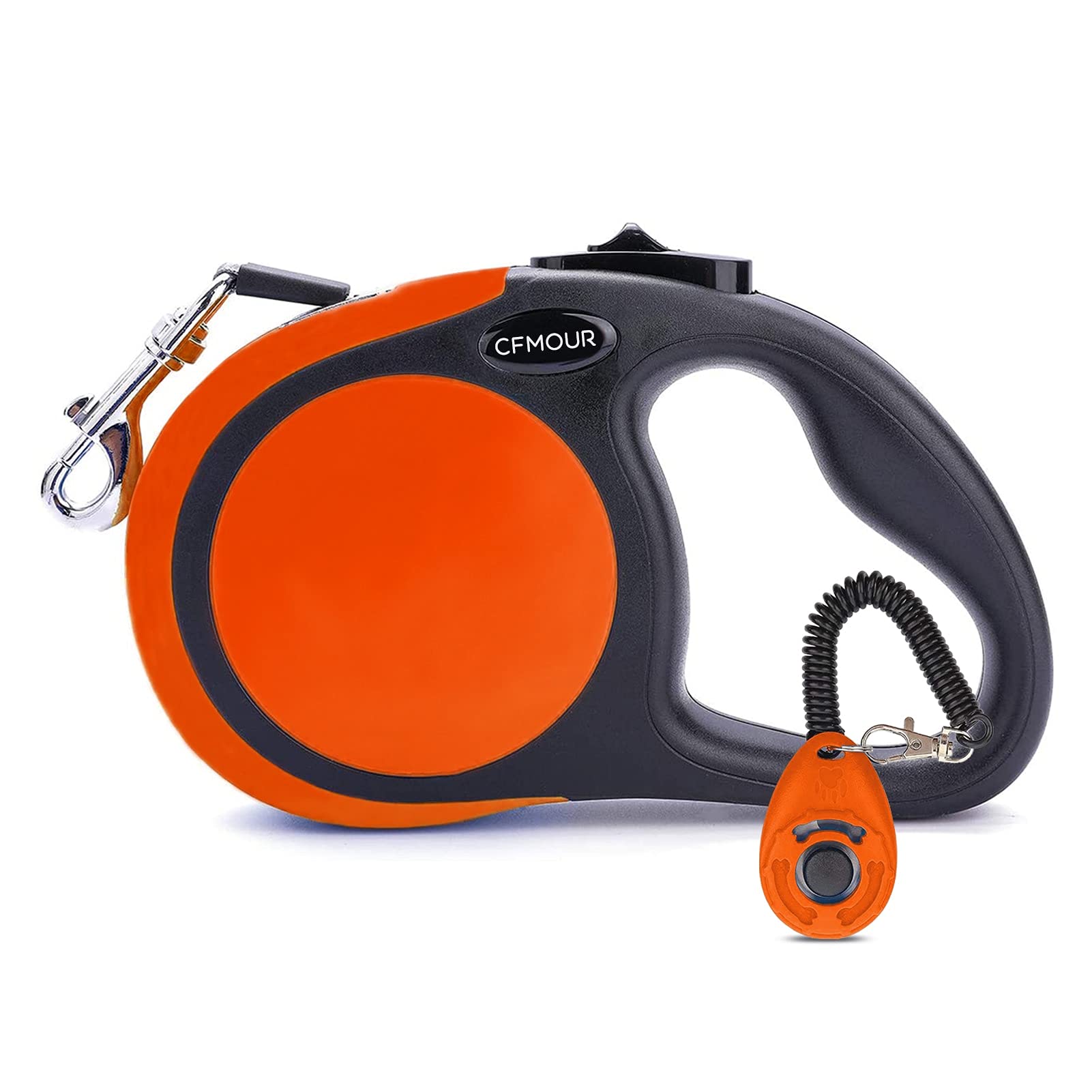 CFMOUR Retractable Dog Lead, 5m/20kg Orange Heavy-Duty Extendable Dog Leads for Small to Medium Dogs; Strong Nylon Tape Ribbon Leash, One-Button Brake&Lock, Bonus Training Clicker