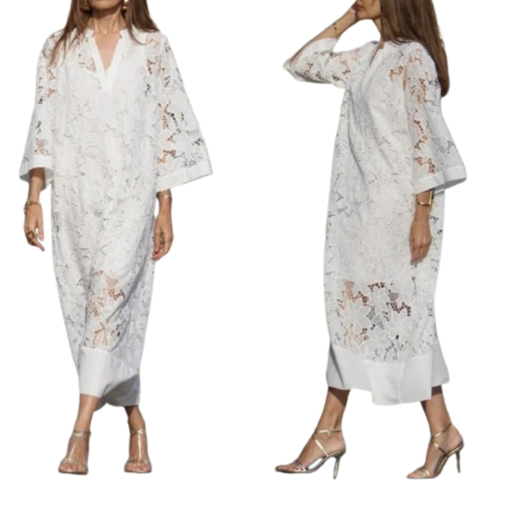 Abito da donna elegante in pizzo bianco con scollo a V maxi abito a due pezzi casual sciolto boho scava fuori all'uncinetto con abito sottoveste in raso